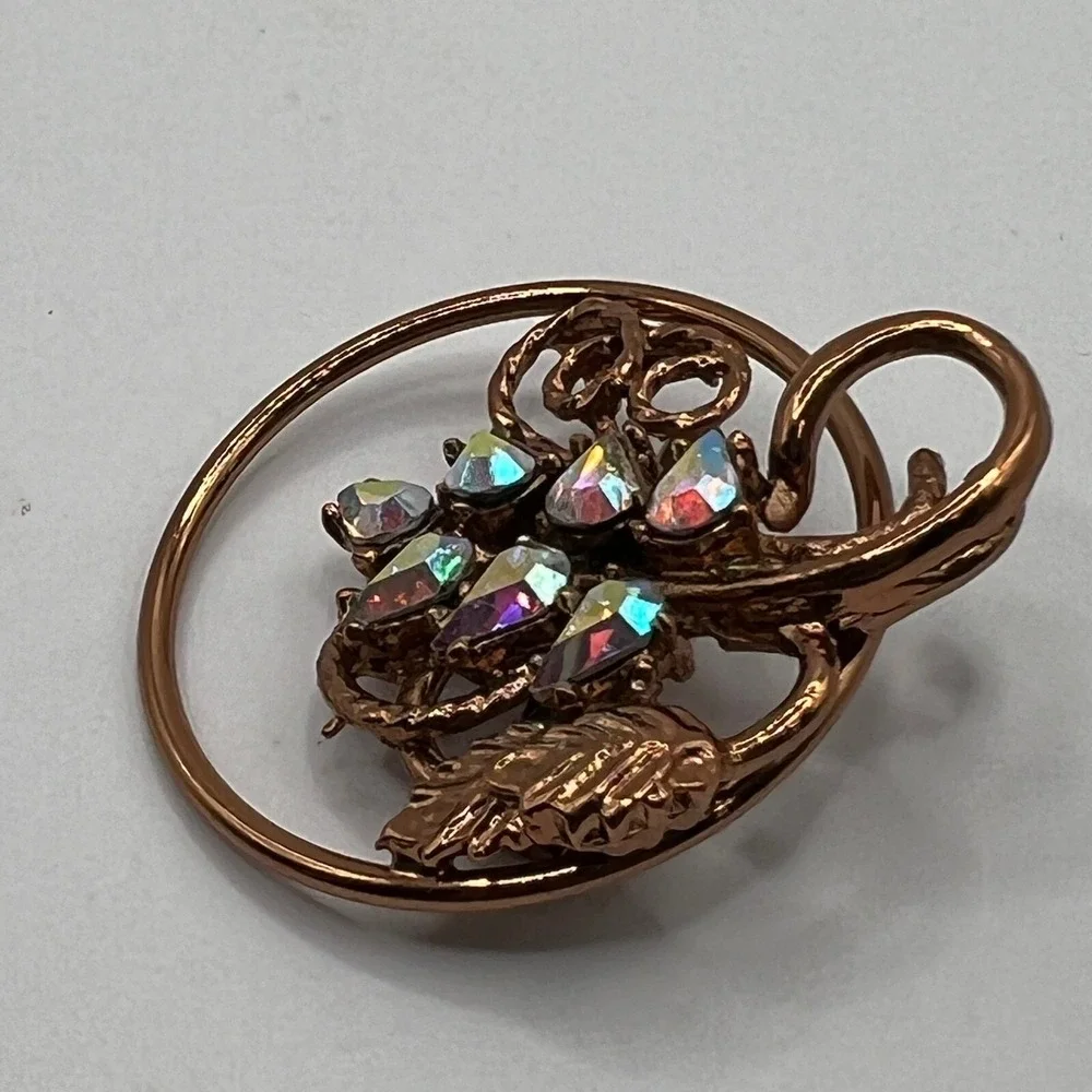 Vintage Grape Brooch Copper Tone AB Beads Aurora Borealis Round Pin